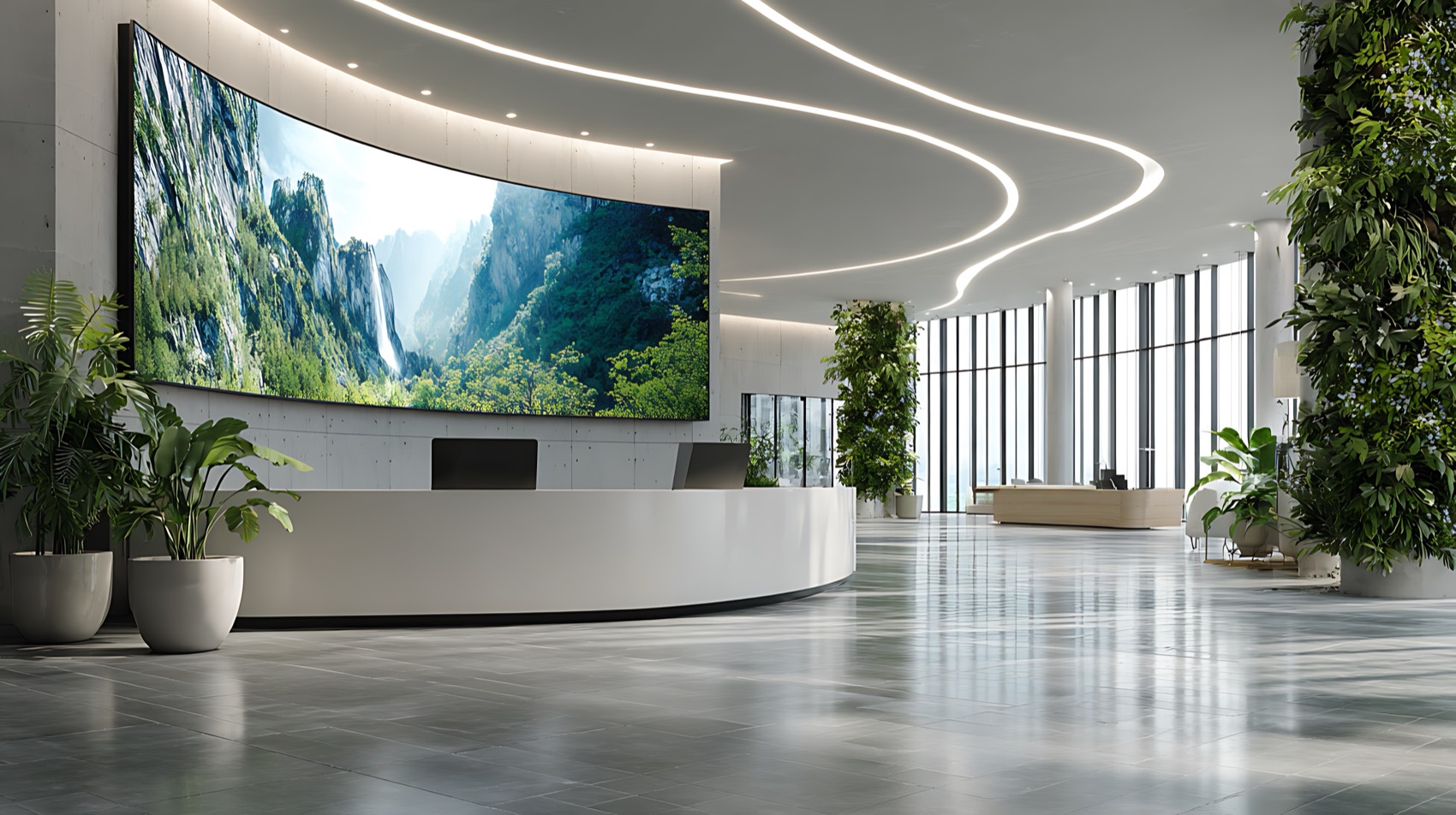 Permanent corporate-lobby LED video wall — a curved seamless display behind a reception desk