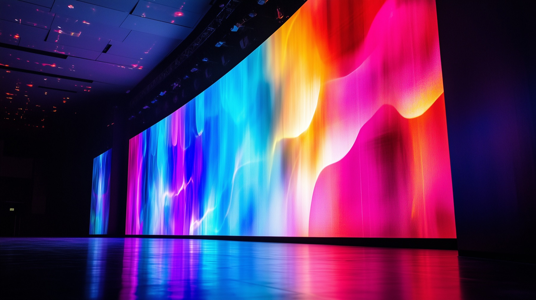 Custom curved LED video wall in a dark event hall, rendering a sculpted colour field across a sweeping radius