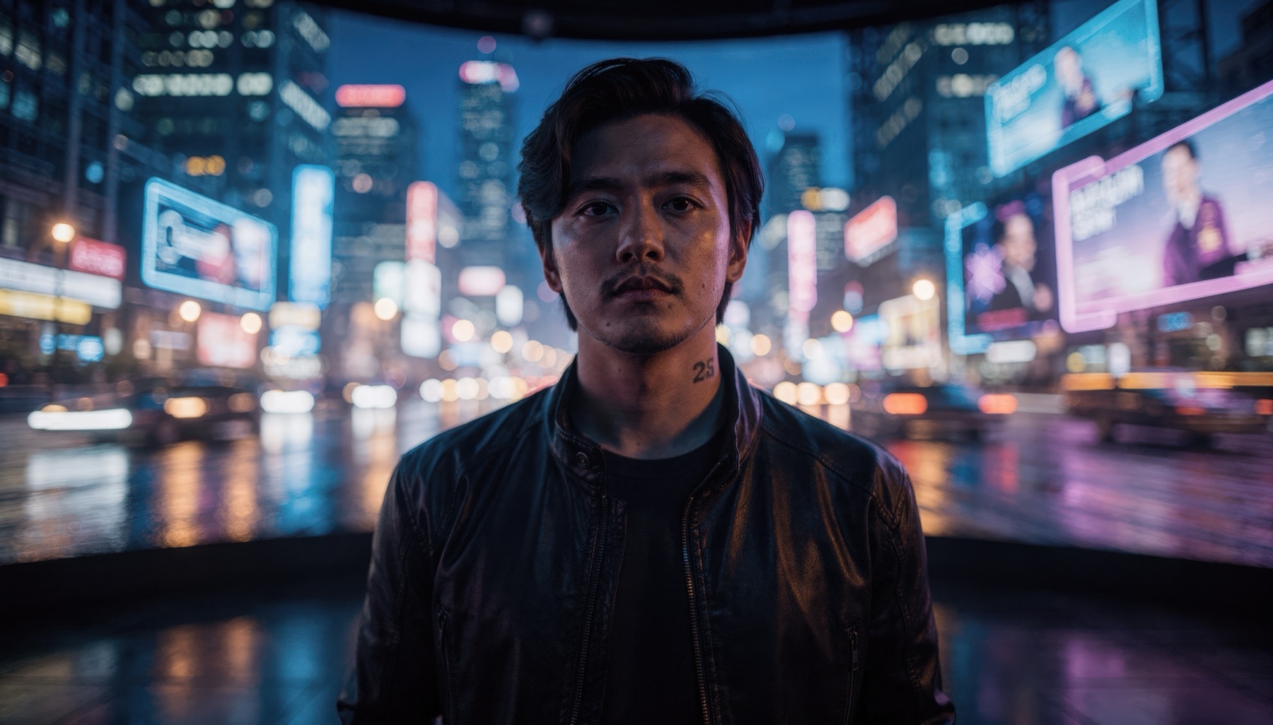 XR virtual-production volume — a curved LED video wall driving a photoreal neon-city street as a live in-camera background